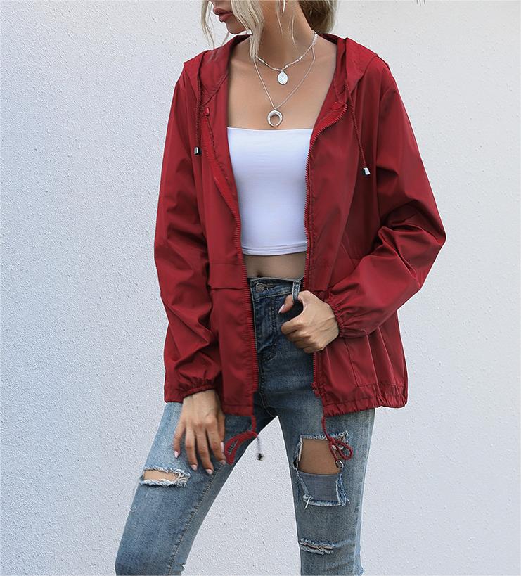 Hooded Zip Front Lightweight Rain Jacket - Wine_red - 4