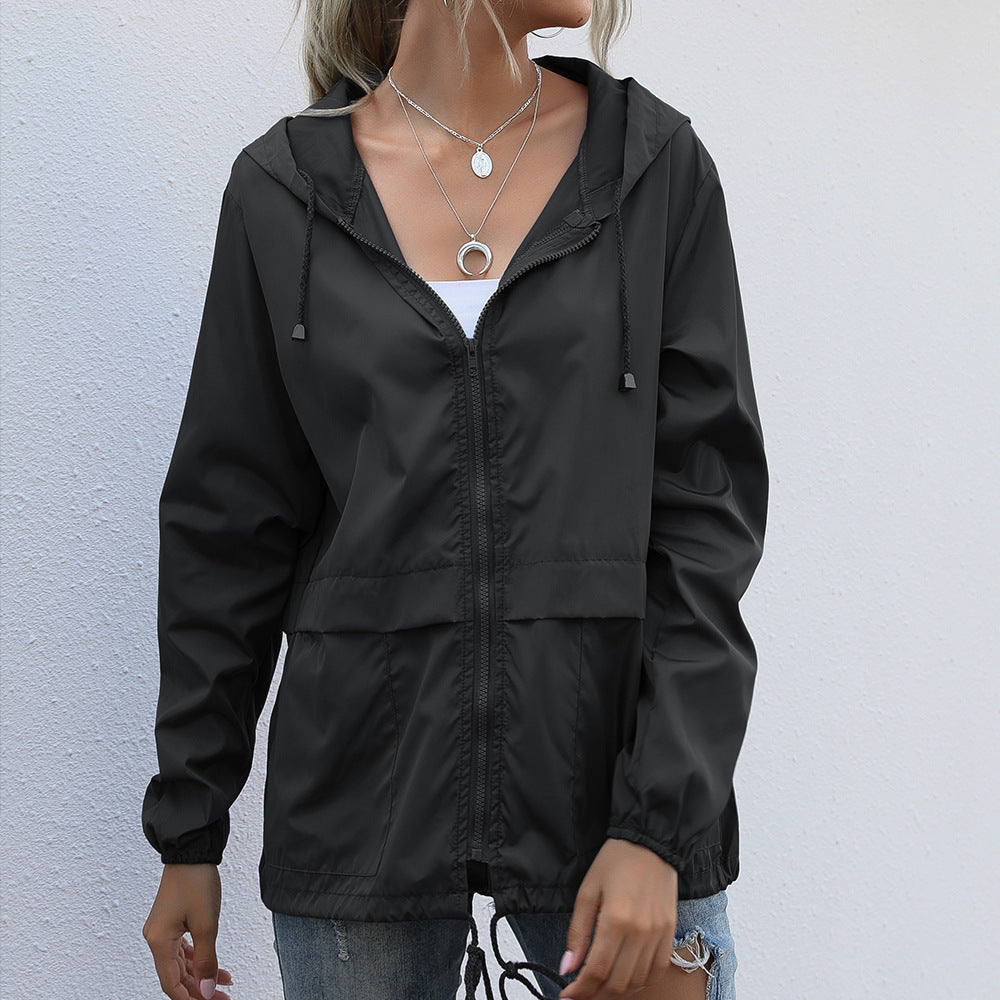 Hooded Zip Front Lightweight Rain Jacket - black