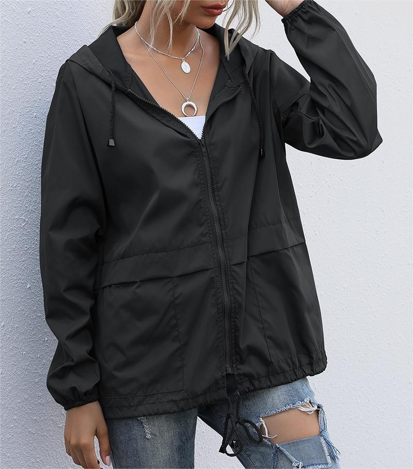 Hooded Zip Front Lightweight Rain Jacket - black - 1