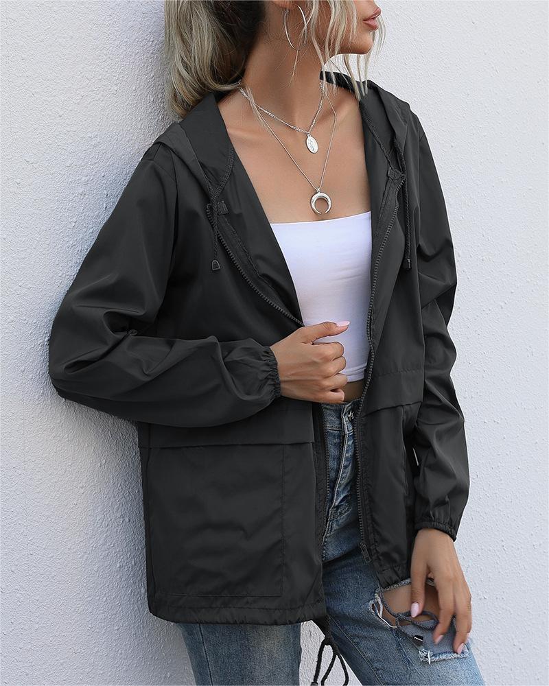 Hooded Zip Front Lightweight Rain Jacket - black - 4
