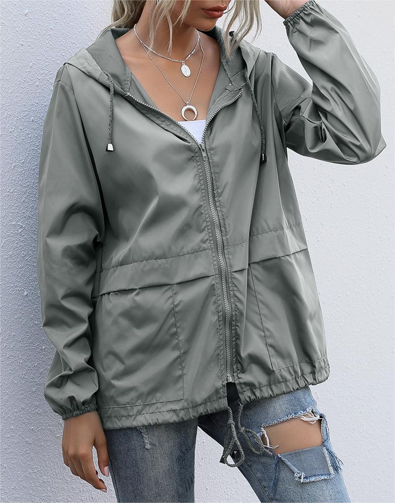 Hooded Zip Front Lightweight Rain Jacket - gray