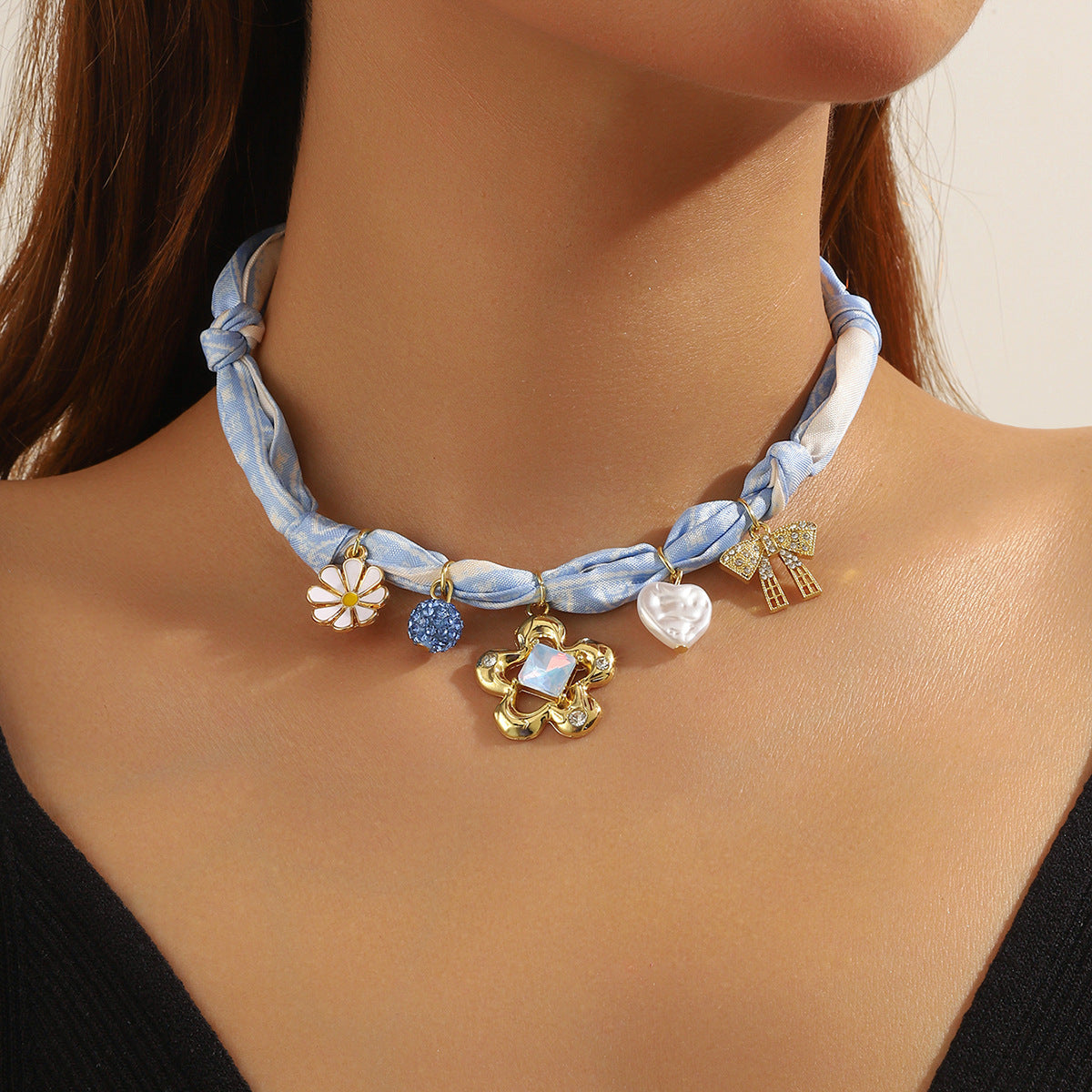 Ribbon Wrapped Charm Choker Necklace