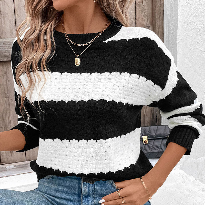 Bold Wide Stripe Textured Crewneck Sweater - Black - 2