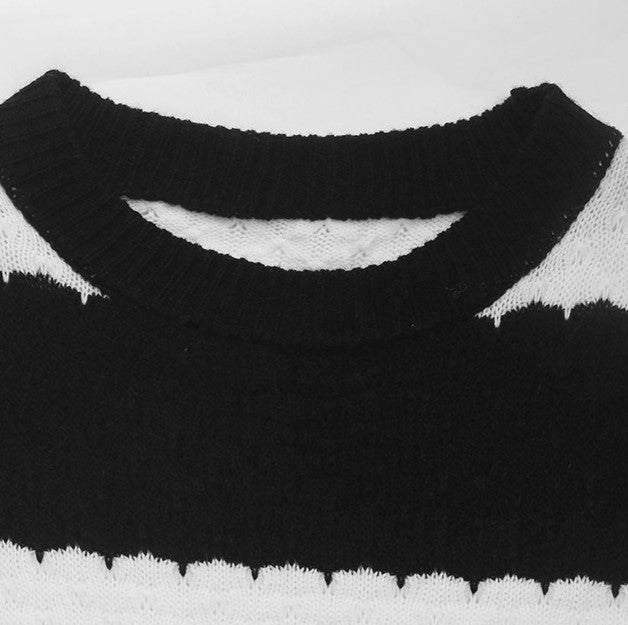 Bold Wide Stripe Textured Crewneck Sweater - Black - 3