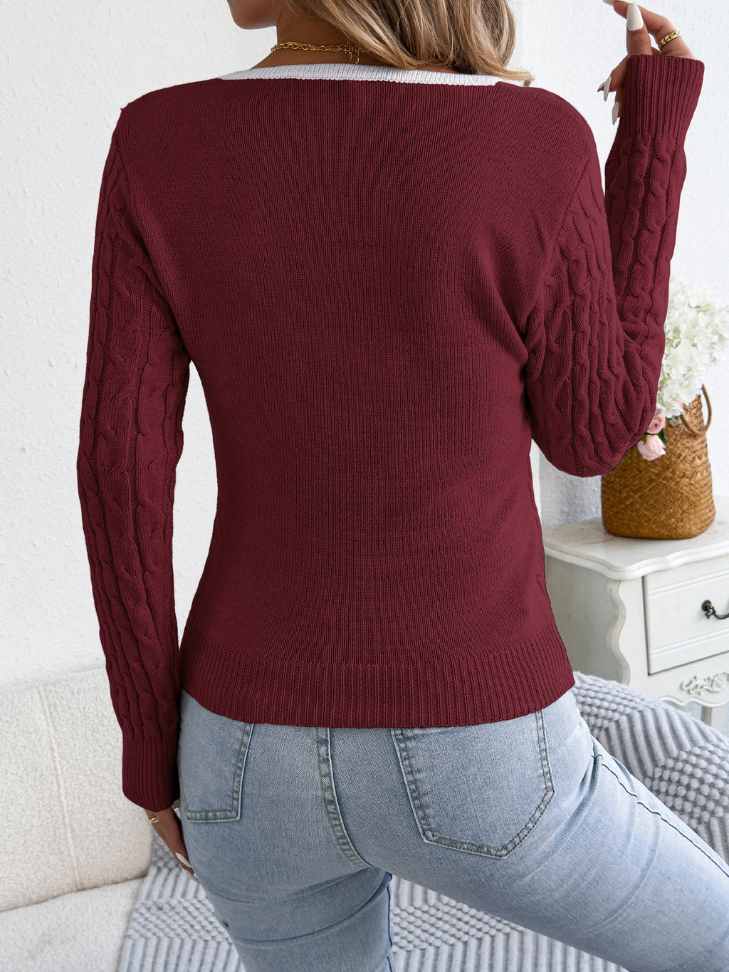 Contrast Trim Cable Knit Square Neck Top - Winered - 1