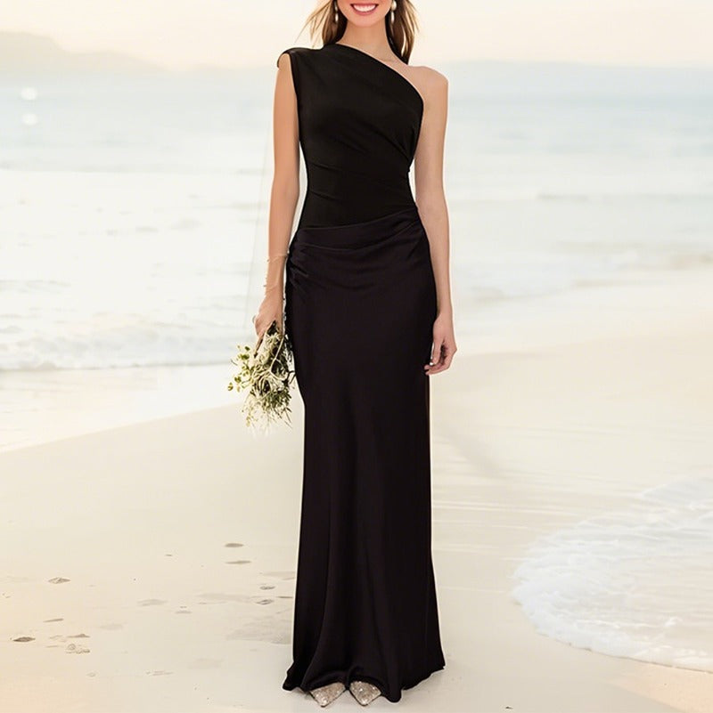 One Shoulder Ruched Satin Mermaid Maxi Gown - Black