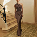 One Shoulder Ruched Satin Mermaid Maxi Gown - Coffee 2