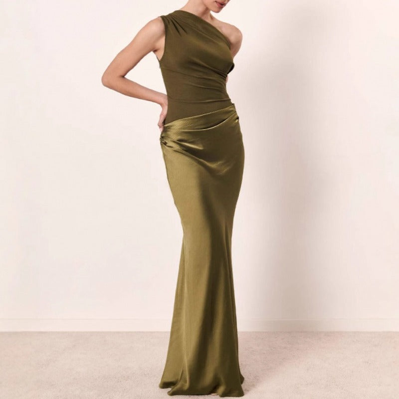 One Shoulder Ruched Satin Mermaid Maxi Gown - Olive