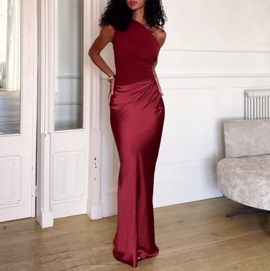 One Shoulder Ruched Satin Mermaid Maxi Gown - Red