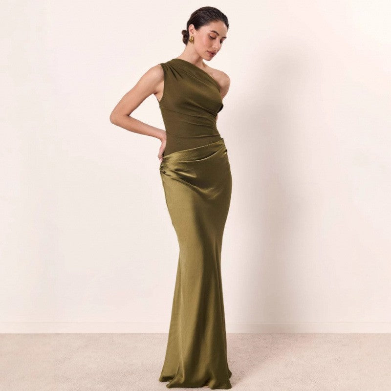 One Shoulder Ruched Satin Mermaid Maxi Gown
