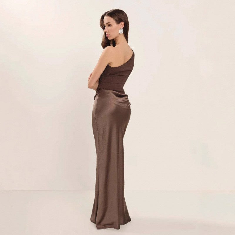 One Shoulder Ruched Satin Mermaid Maxi Gown