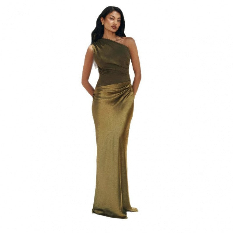 One Shoulder Ruched Satin Mermaid Maxi Gown