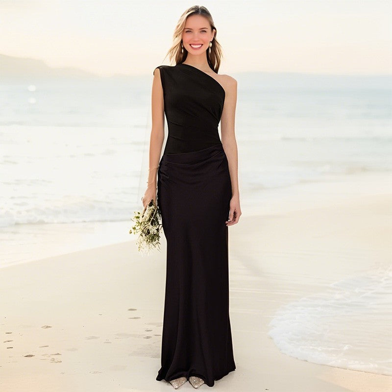 One Shoulder Ruched Satin Mermaid Maxi Gown
