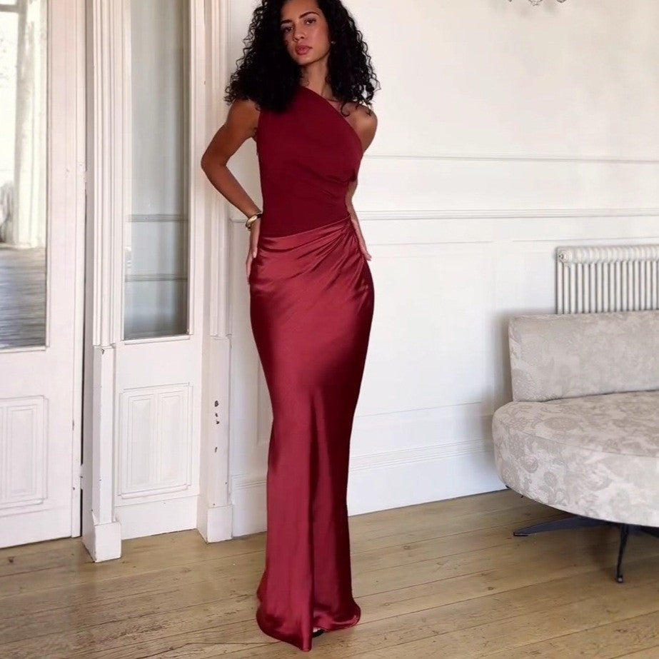 One Shoulder Ruched Satin Mermaid Maxi Gown