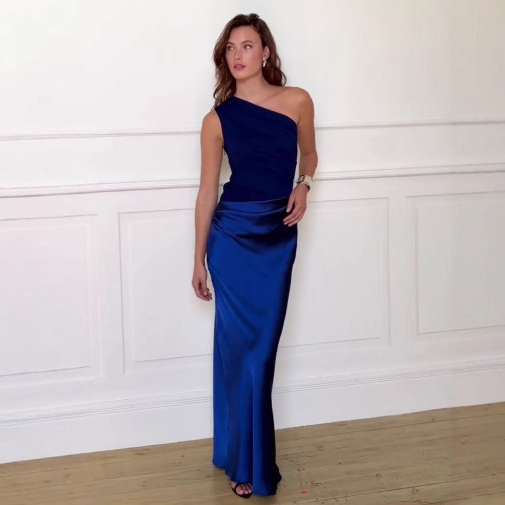 One Shoulder Ruched Satin Mermaid Maxi Gown