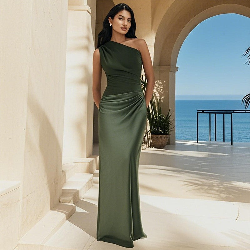 One Shoulder Ruched Satin Mermaid Maxi Gown