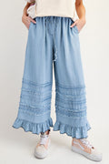 Ruffle Hem Wide Leg Drawstring Jeans - Blue
