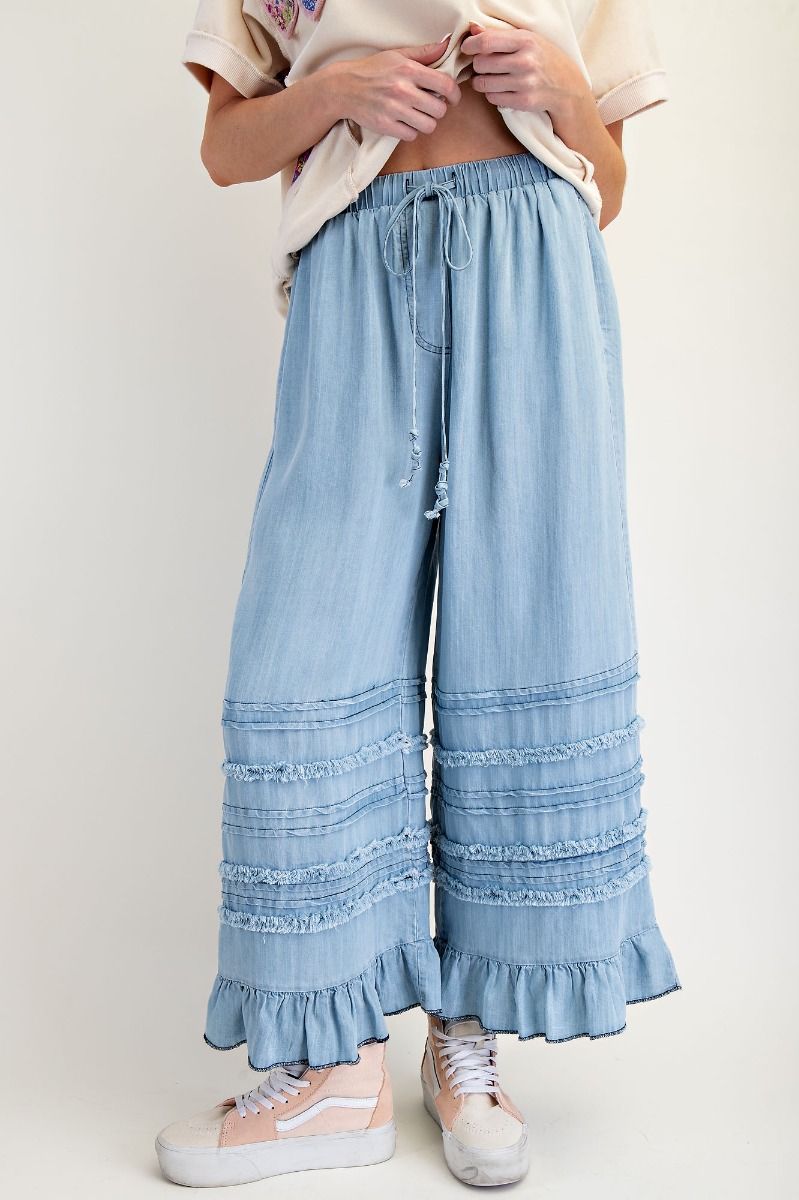 Ruffle Hem Wide Leg Drawstring Jeans - Blue - 1
