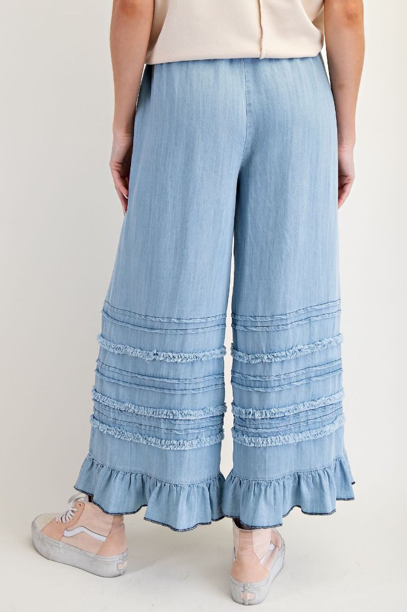 Ruffle Hem Wide Leg Drawstring Jeans - Blue - 2
