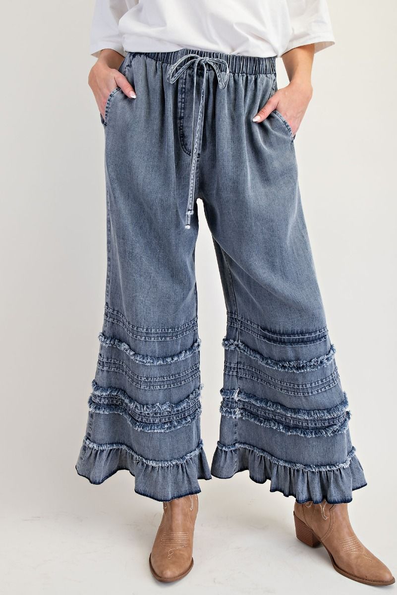 Ruffle Hem Wide Leg Drawstring Jeans - DarkBlue