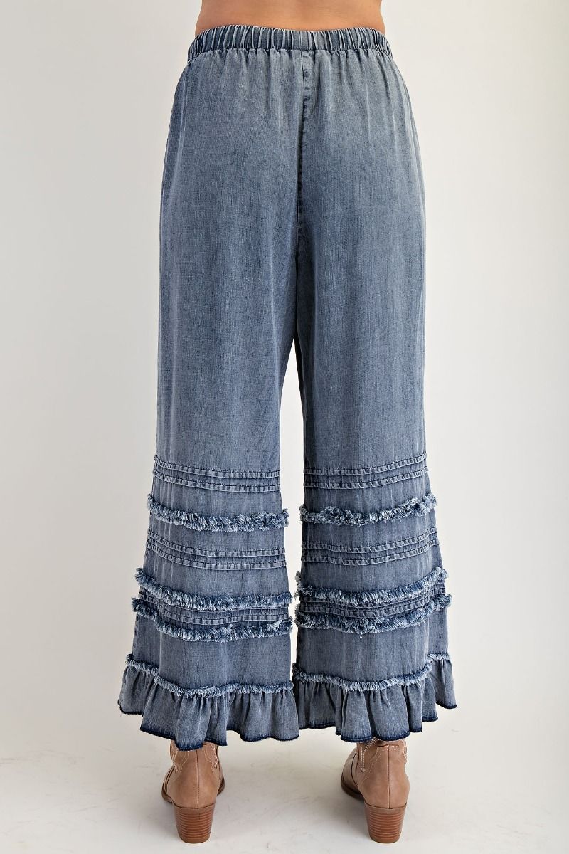 Ruffle Hem Wide Leg Drawstring Jeans - DarkBlue - 1