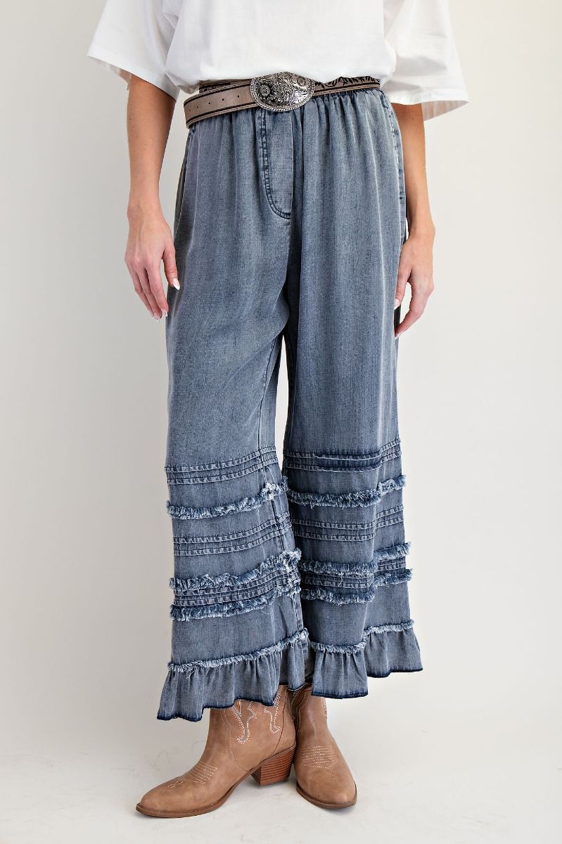 Ruffle Hem Wide Leg Drawstring Jeans - DarkBlue - 2