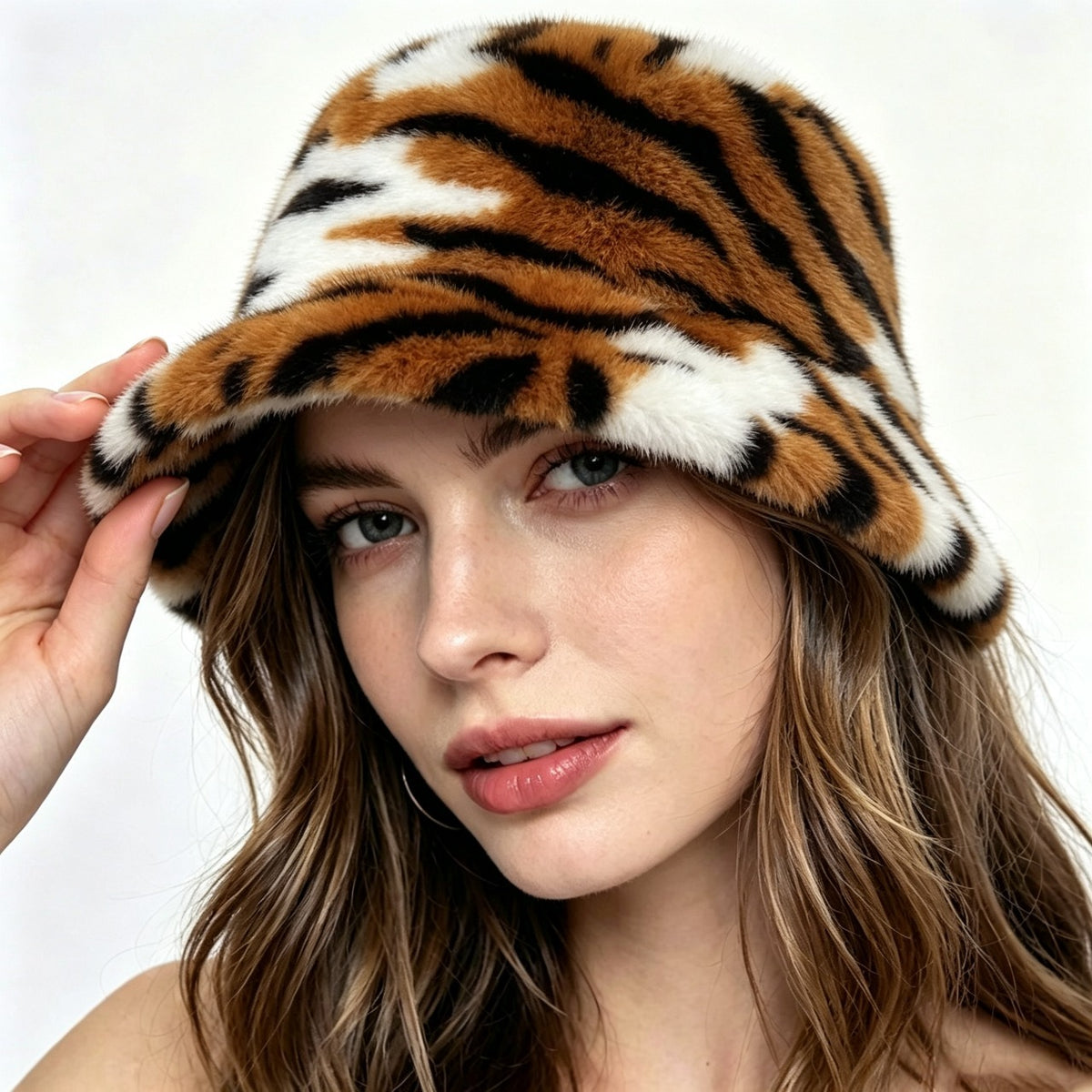 Fuzzy Tiger Stripe Bucket Hat for Cold Weather - Brown