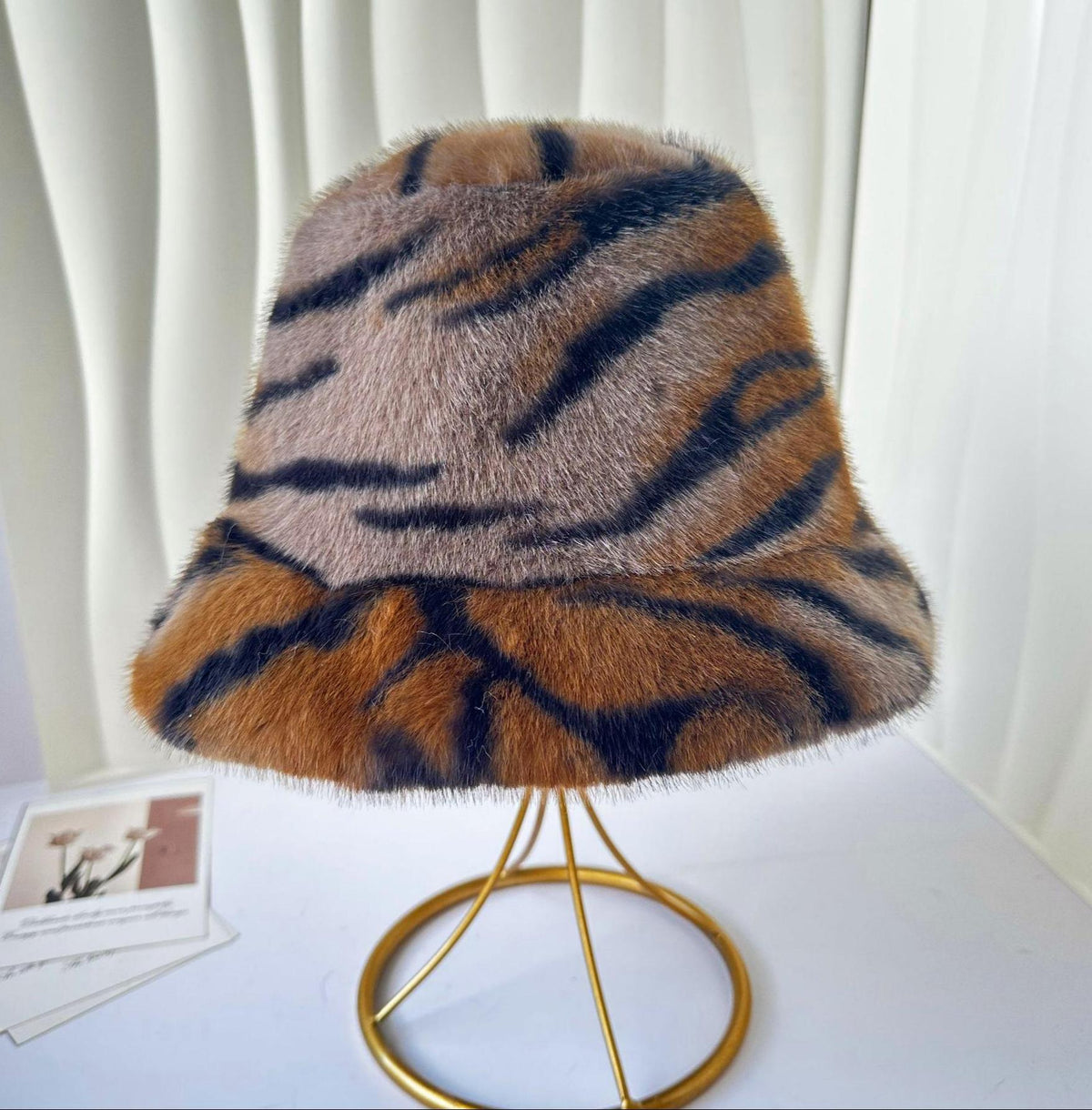 Fuzzy Tiger Stripe Bucket Hat for Cold Weather - Taupe