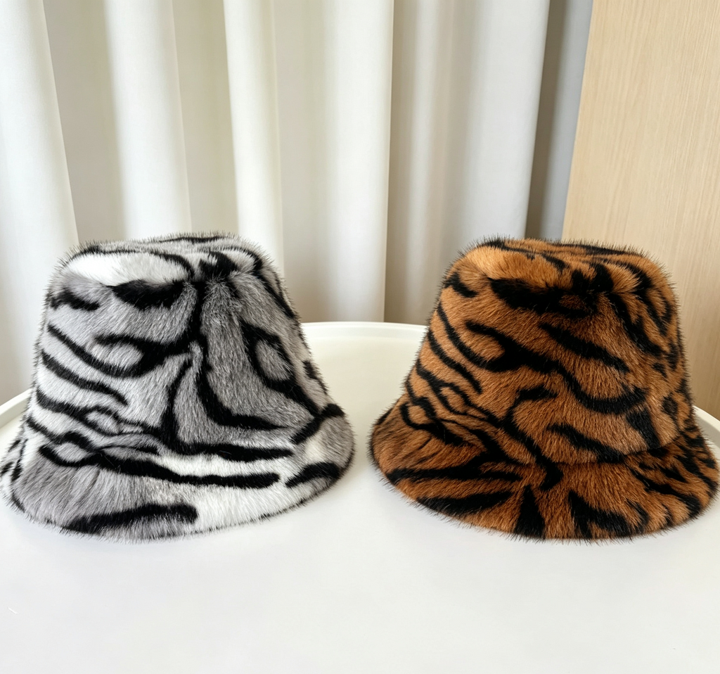 Fuzzy Tiger Stripe Bucket Hat for Cold Weather