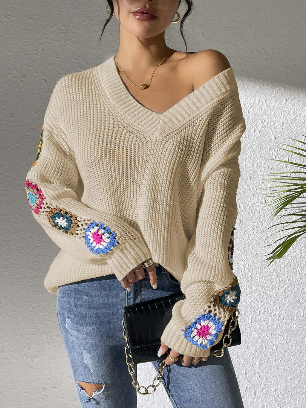 Granny Square Crochet Sleeve V Neck Sweater - Apricot