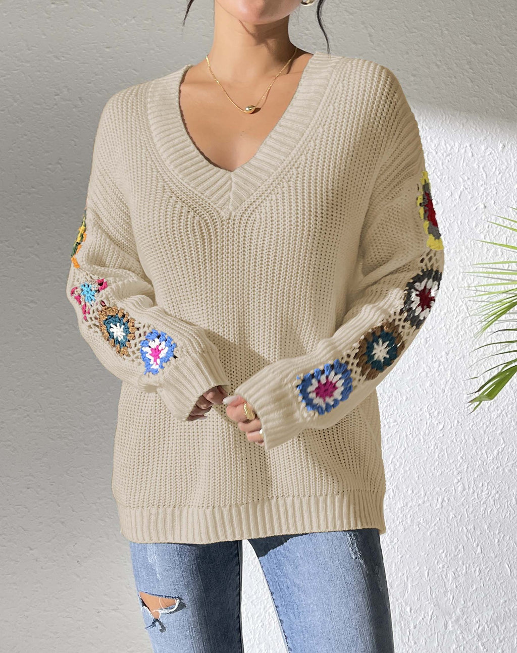 Granny Square Crochet Sleeve V Neck Sweater - Apricot - 1