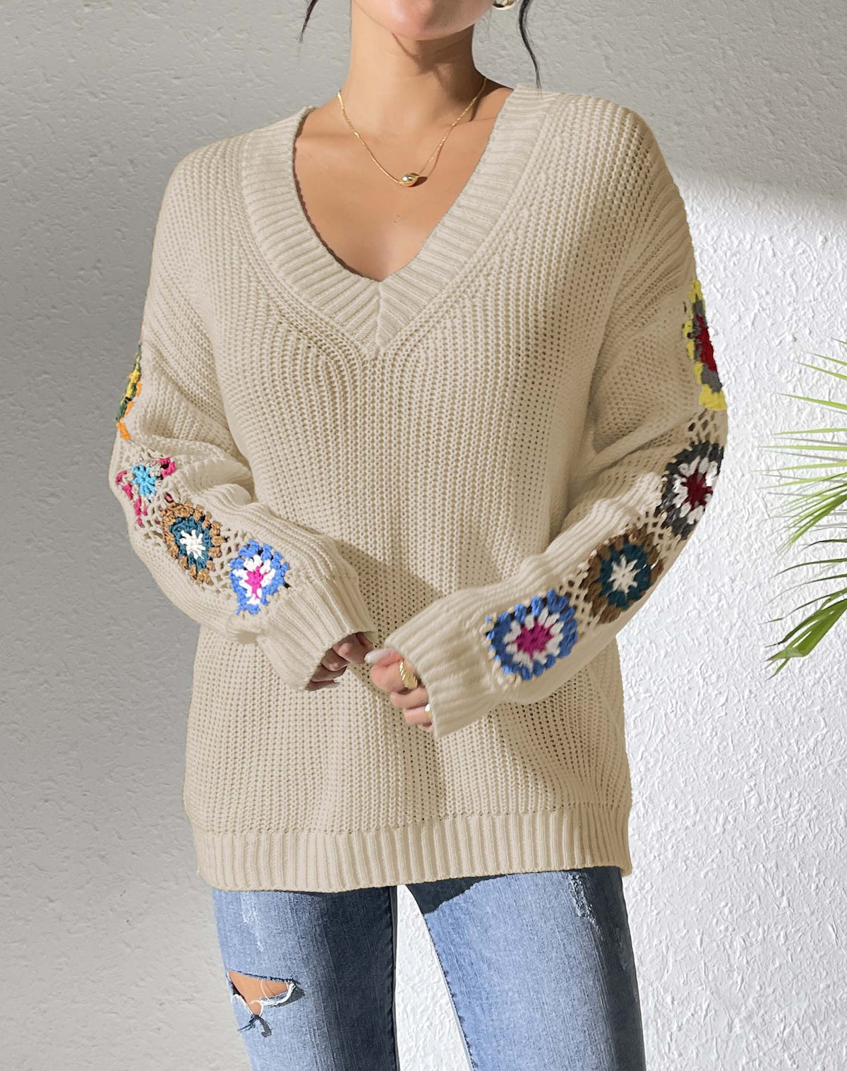 Granny Square Crochet Sleeve V Neck Sweater - Apricot - 1