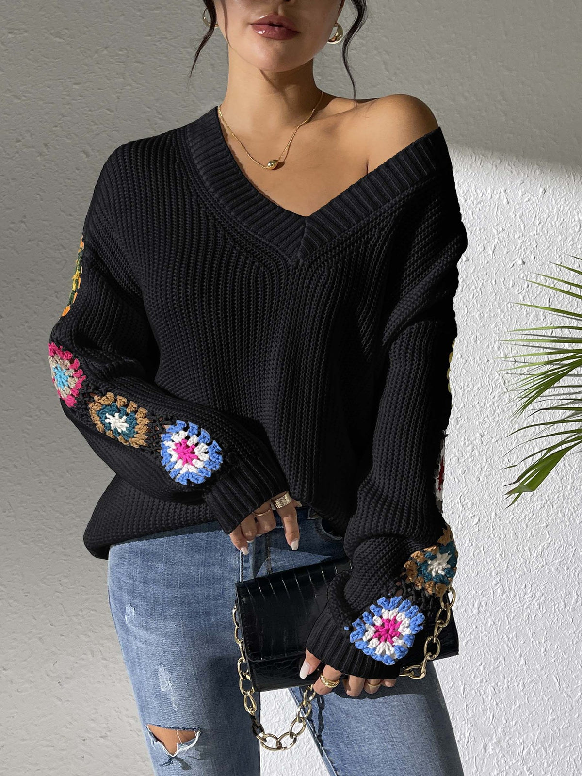 Granny Square Crochet Sleeve V Neck Sweater - Black