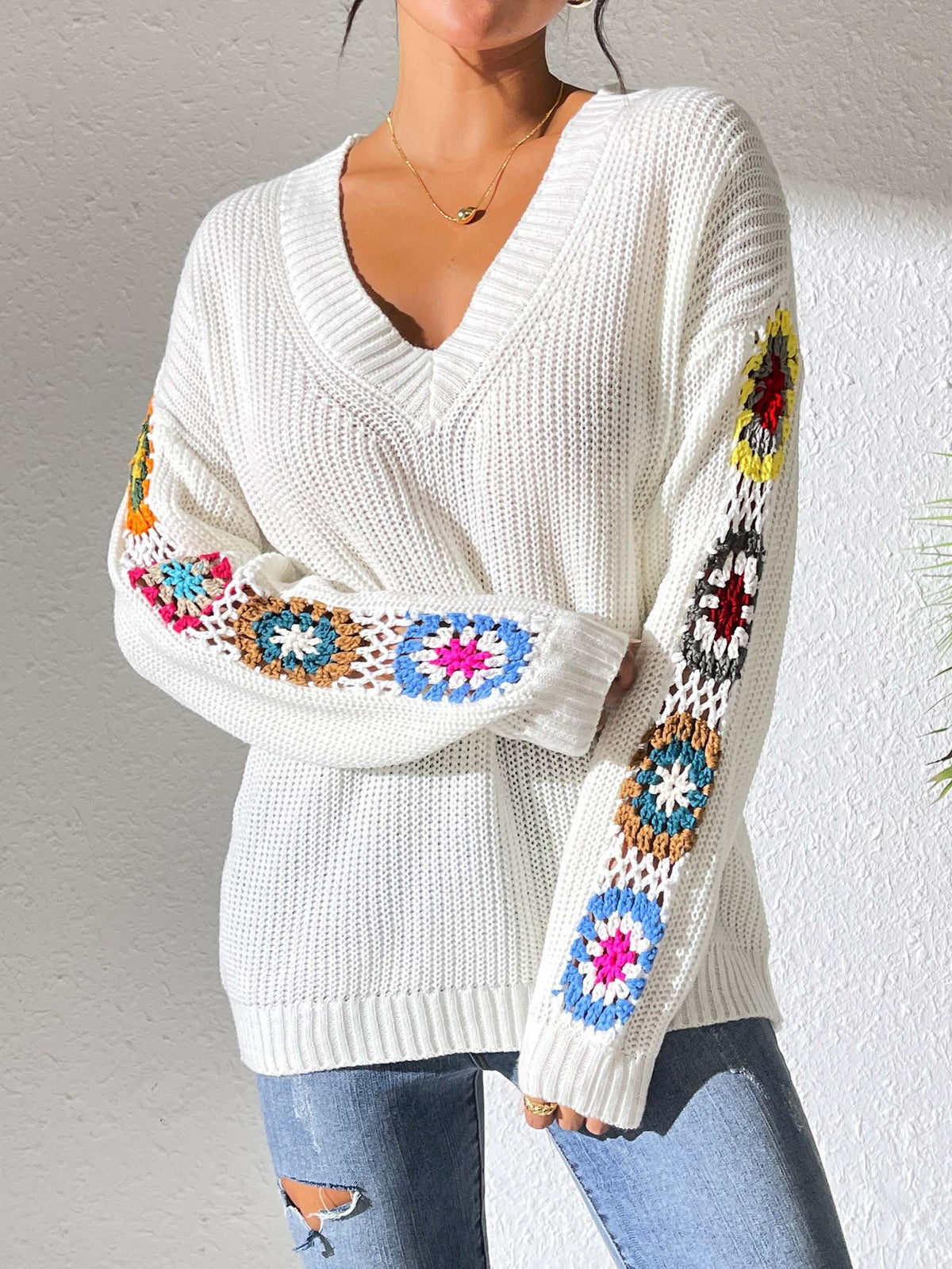 Granny Square Crochet Sleeve V Neck Sweater - White - 1