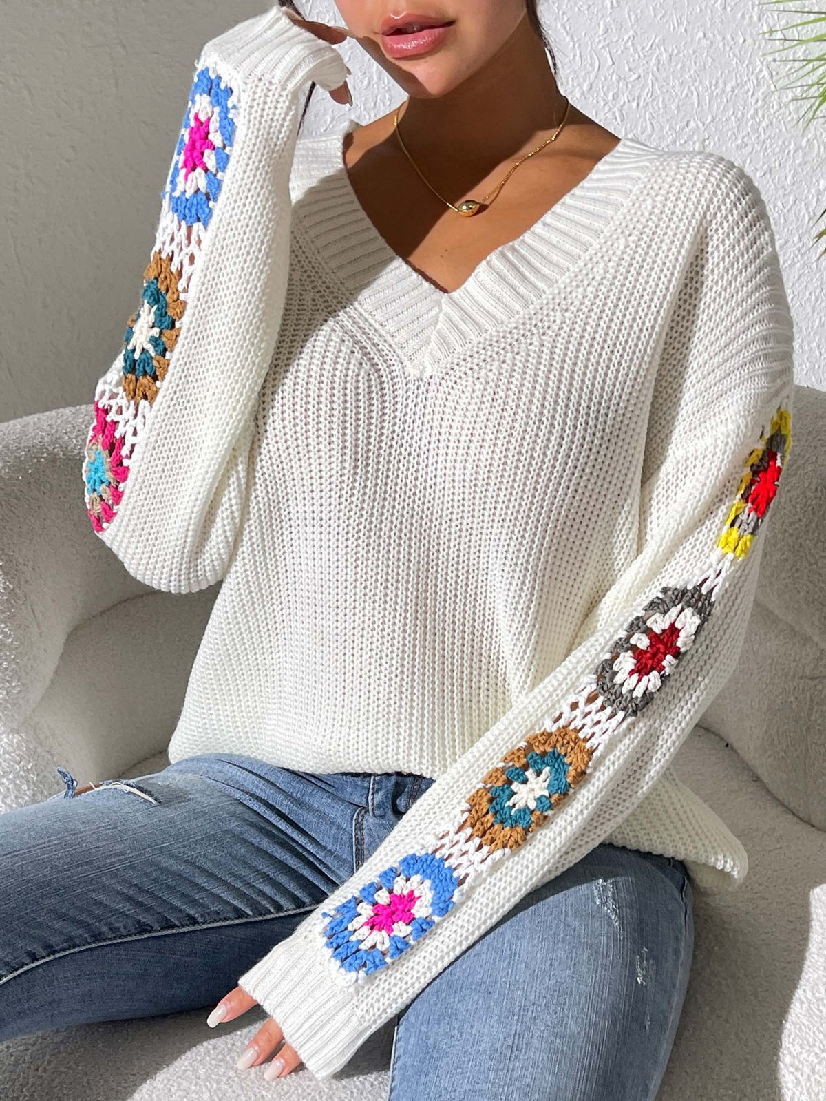 Granny Square Crochet Sleeve V Neck Sweater - White - 2