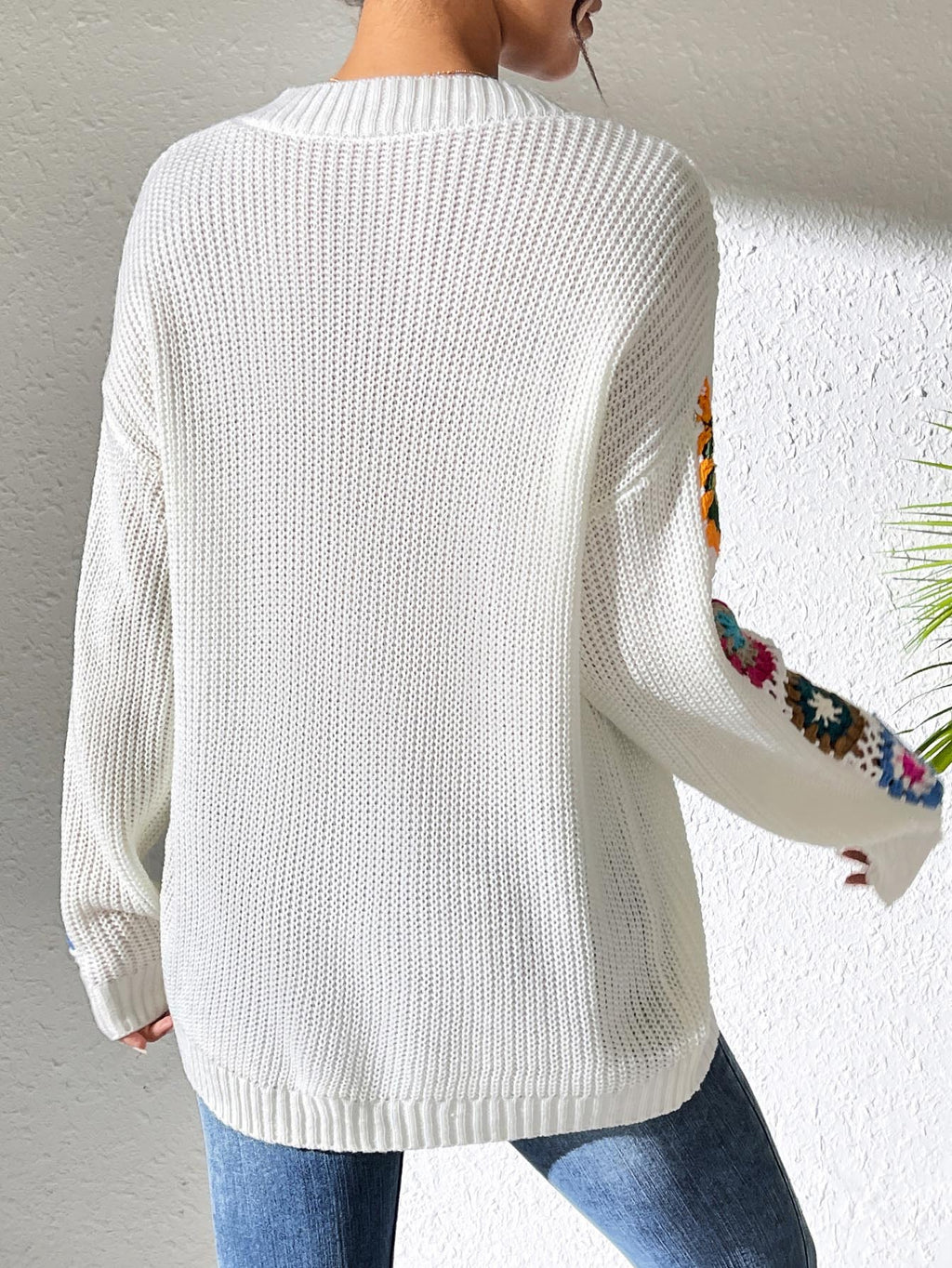 Granny Square Crochet Sleeve V Neck Sweater - White - 3