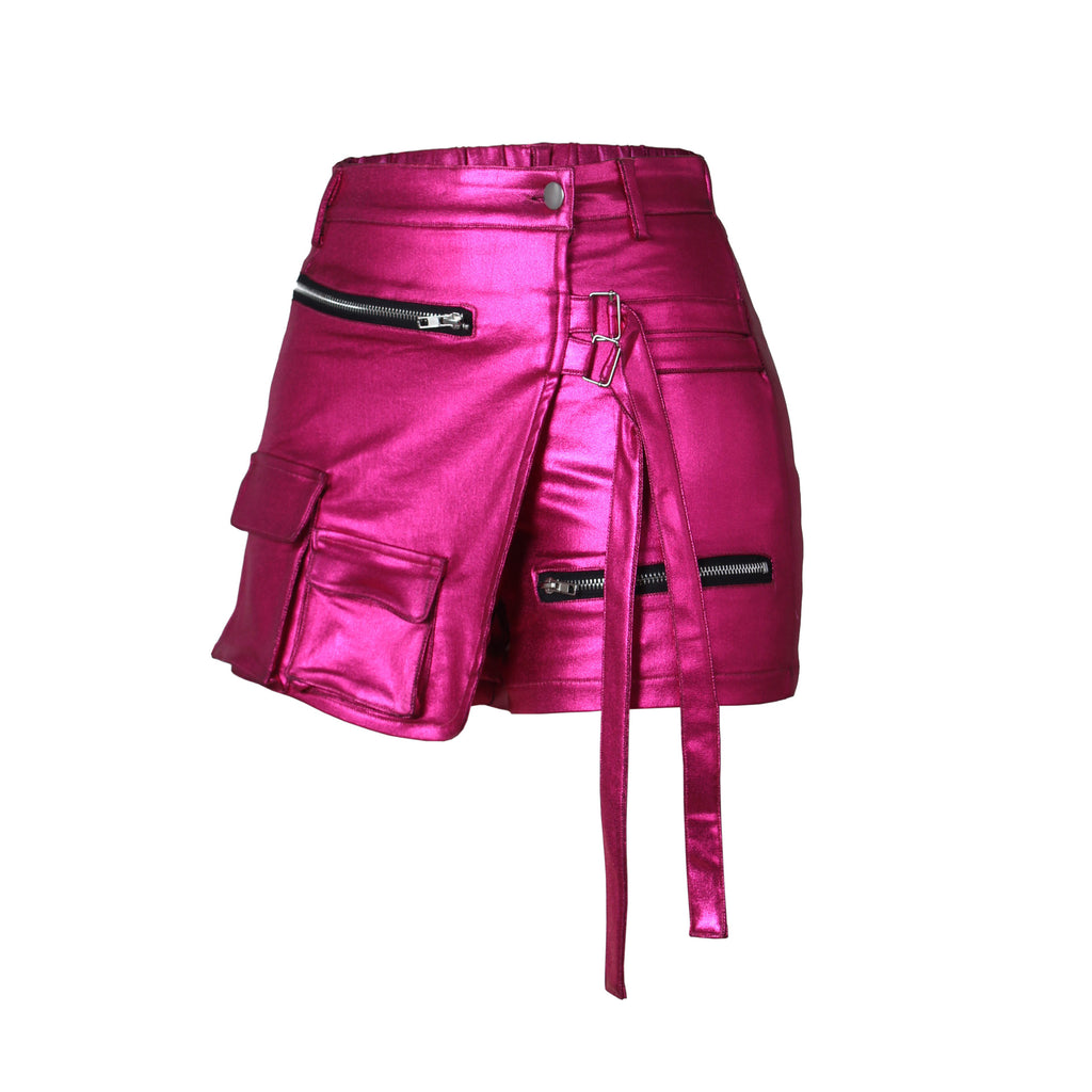 High Shine Asymmetric Panel Cargo Shorts - Rosered - 1