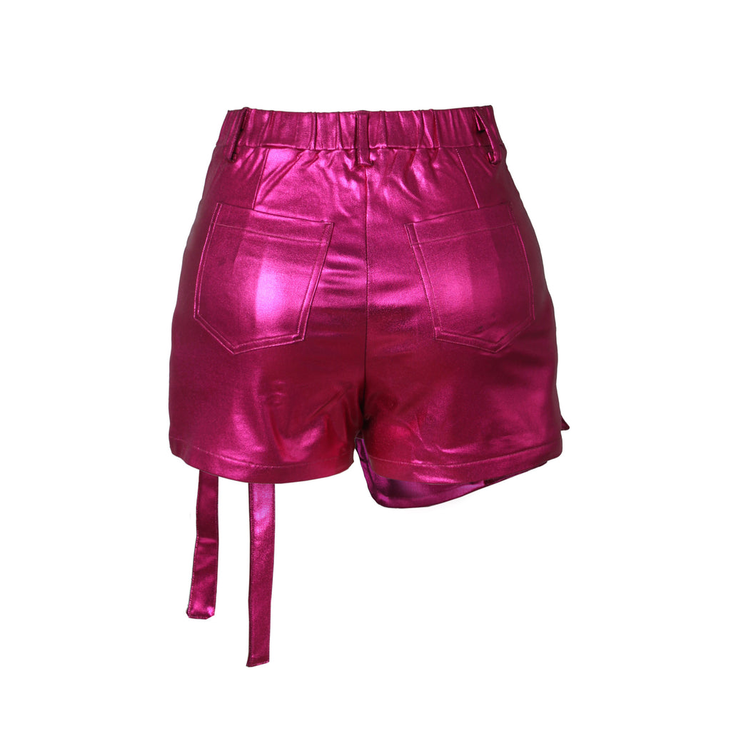 High Shine Asymmetric Panel Cargo Shorts - Rosered - 2