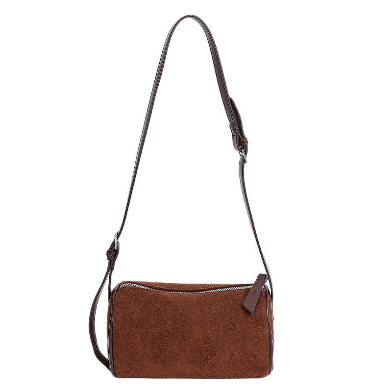 Faux Suede Barrel Crossbody Bag - Brown