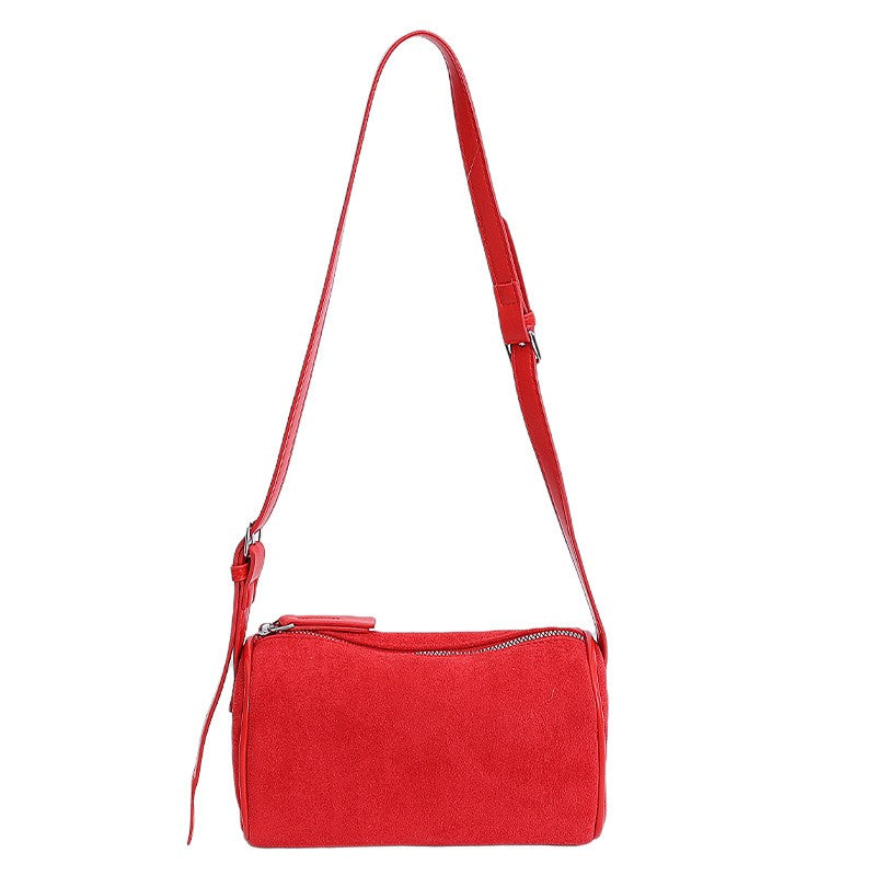 Faux Suede Barrel Crossbody Bag - Red