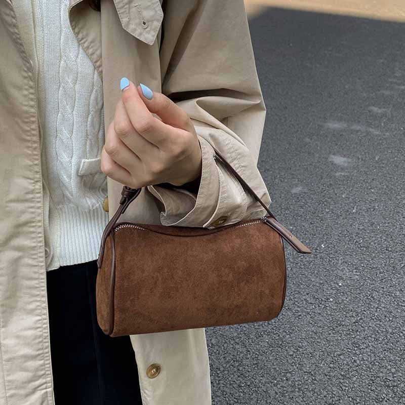 Faux Suede Barrel Crossbody Bag