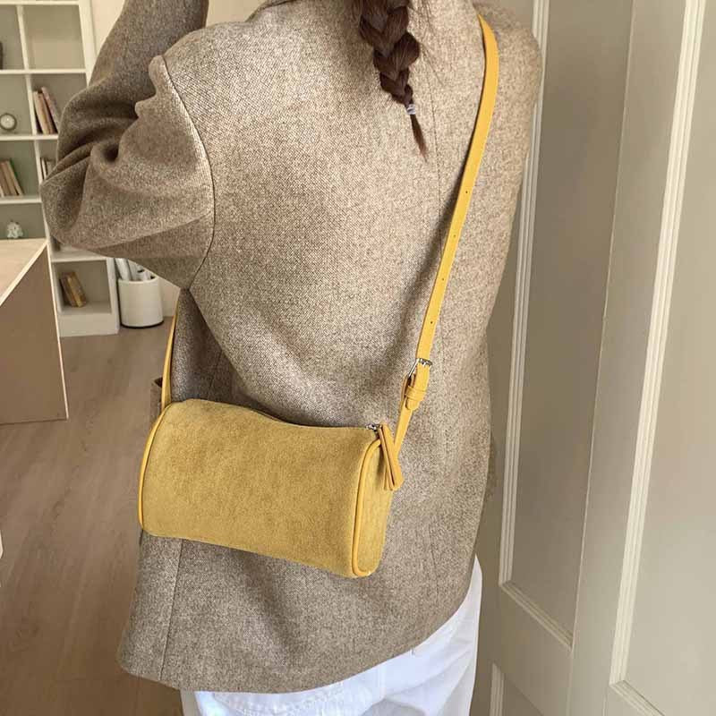 Faux Suede Barrel Crossbody Bag