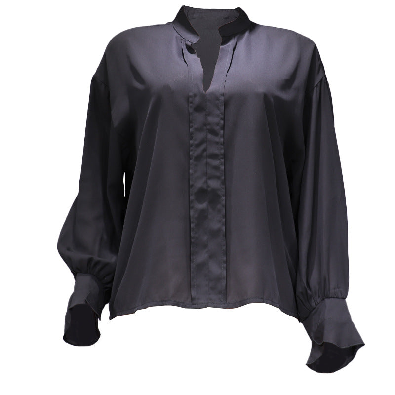 Stand Collar Satin Blouse With Blouson Sleeves - Black