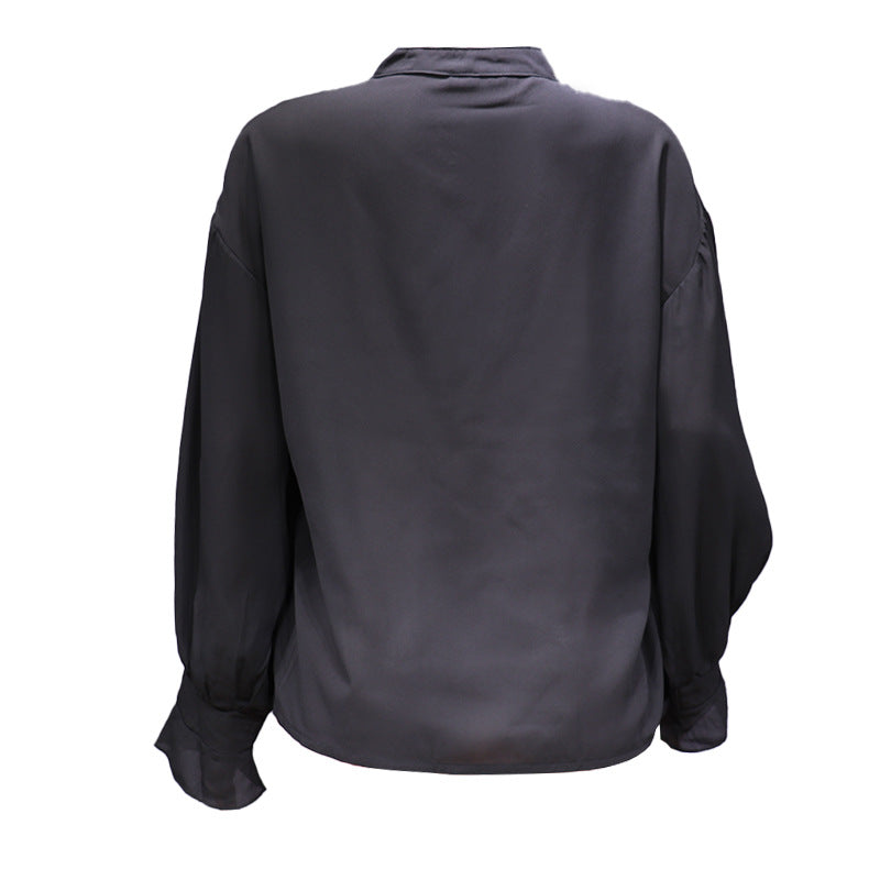 Stand Collar Satin Blouse With Blouson Sleeves - Black - 1