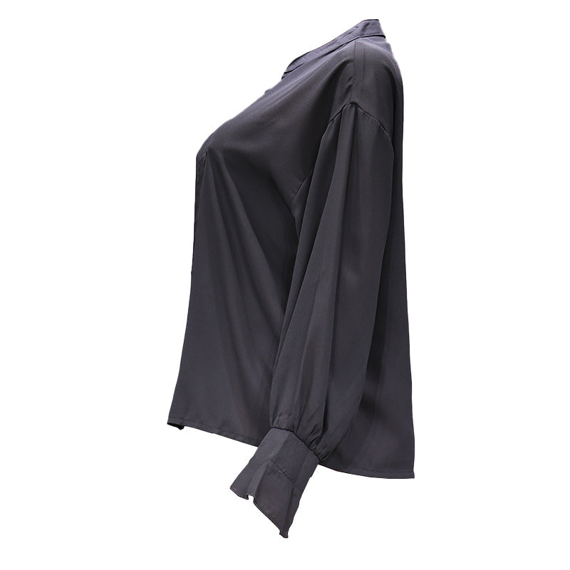 Stand Collar Satin Blouse With Blouson Sleeves - Black - 2