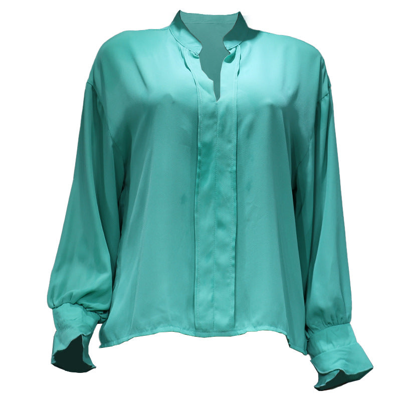Stand Collar Satin Blouse With Blouson Sleeves - Green