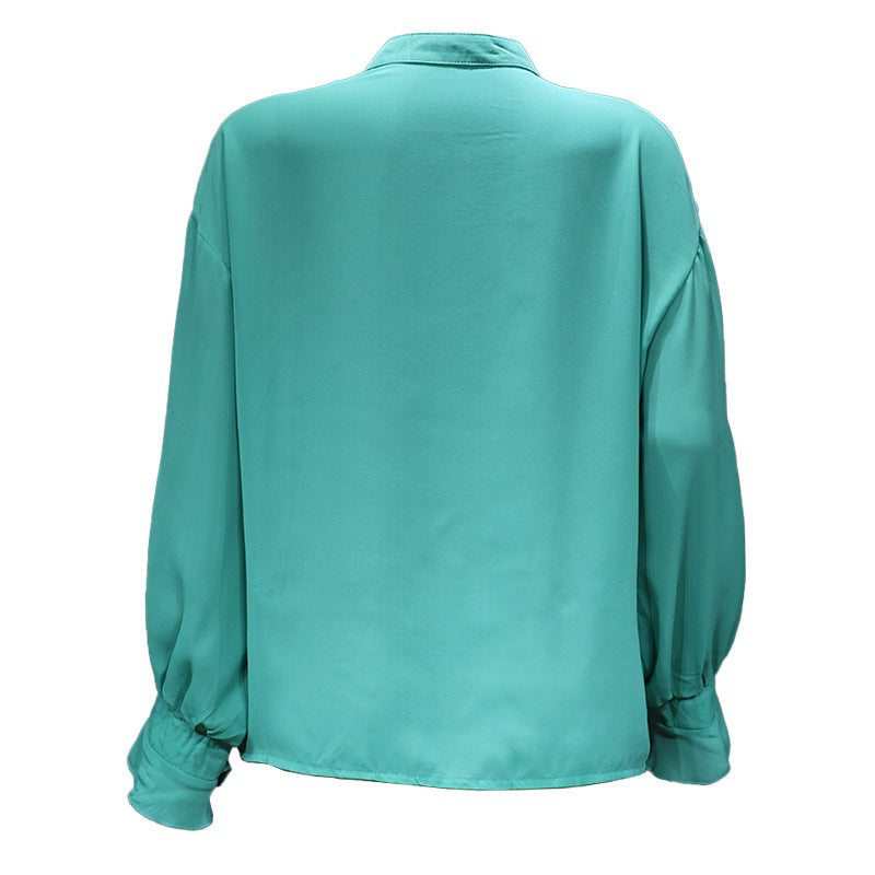 Stand Collar Satin Blouse With Blouson Sleeves - Green - 2