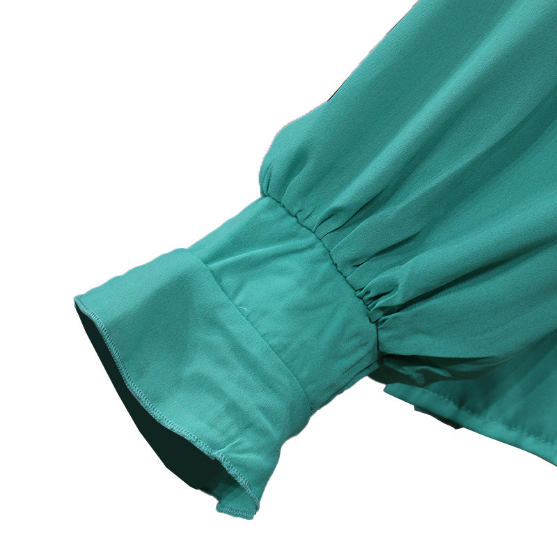 Stand Collar Satin Blouse With Blouson Sleeves - Green - 3