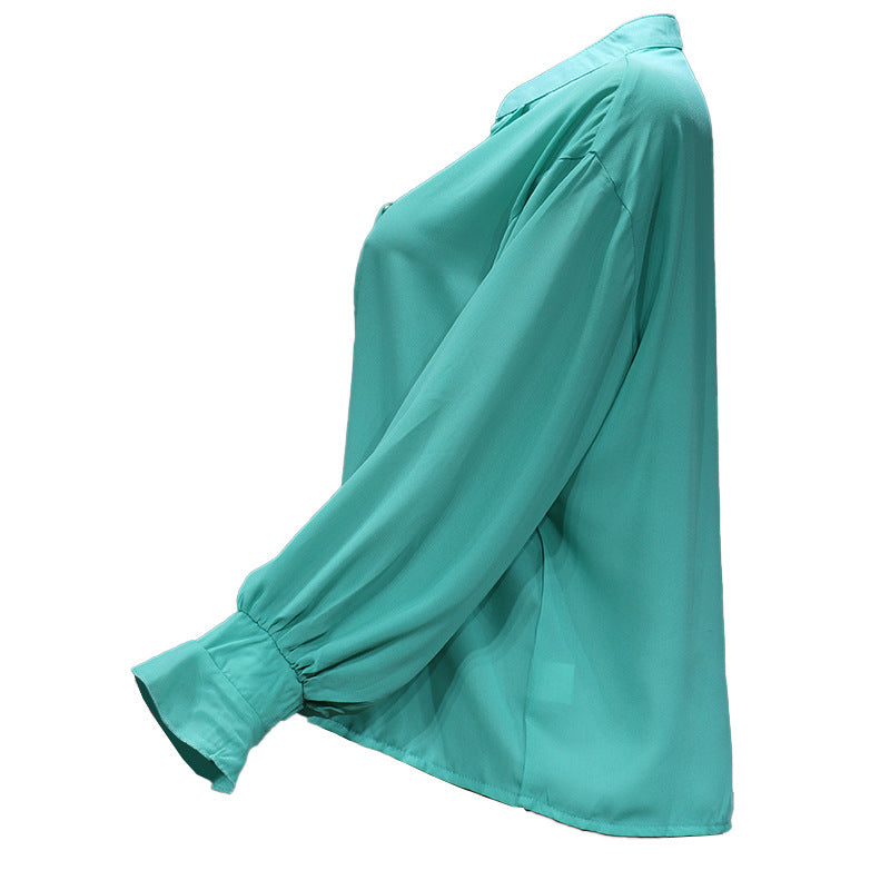 Stand Collar Satin Blouse With Blouson Sleeves - Green - 4