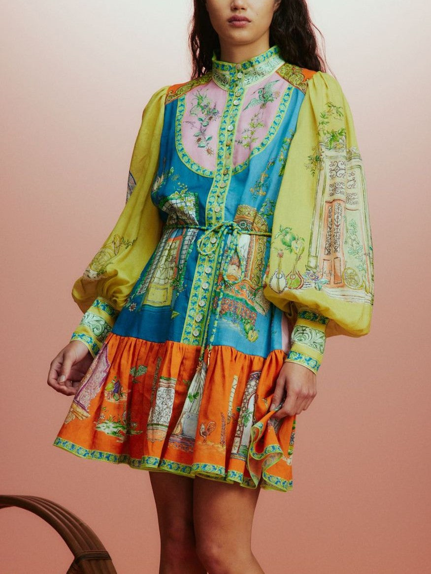 Ruffle Hem Mixed Print Mini Dress - Decor - 2